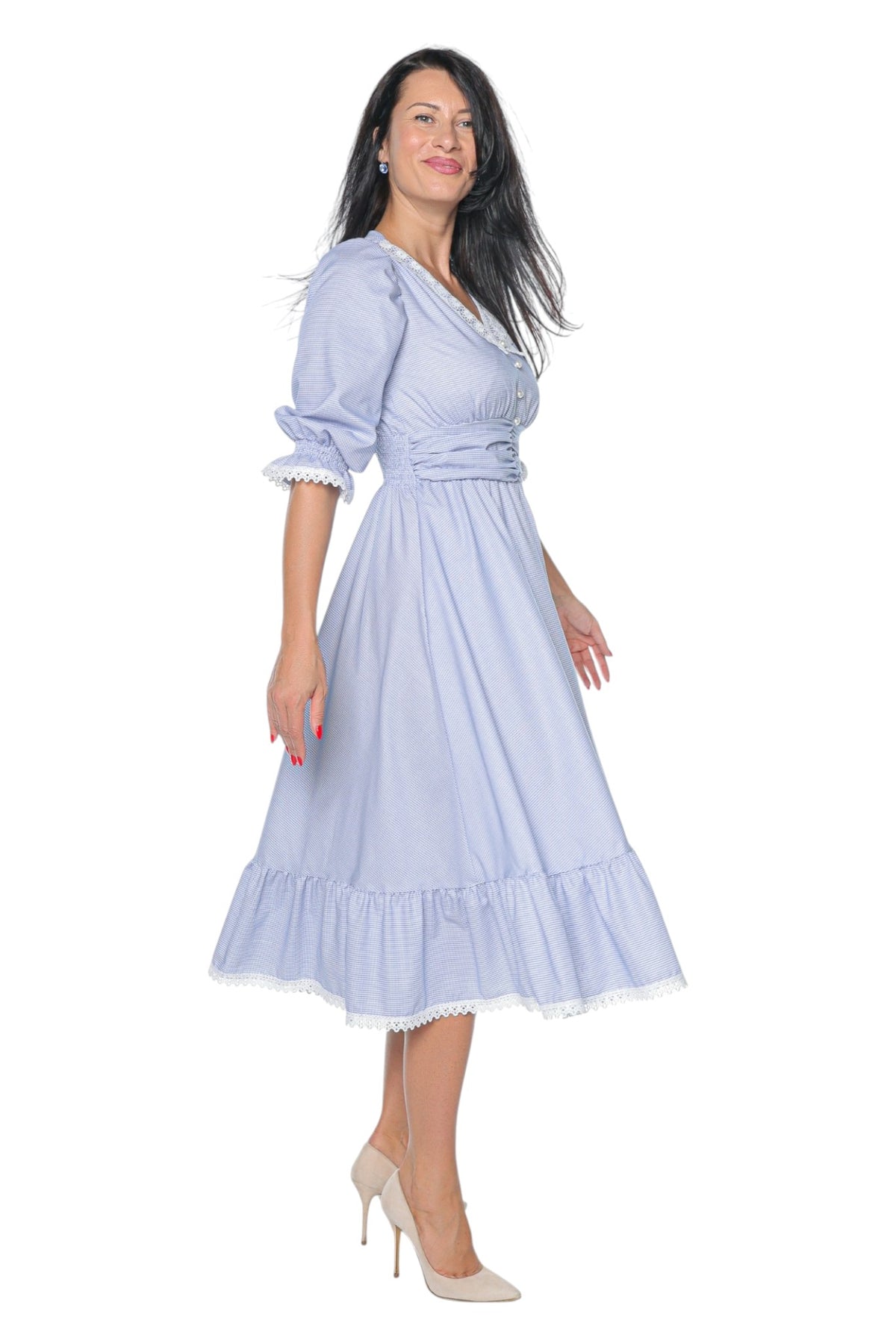 Rochie Viva Romantic Blue din bumbac, cu guler din dantela alba, talie tip corset, volan si buzunare | Monielle