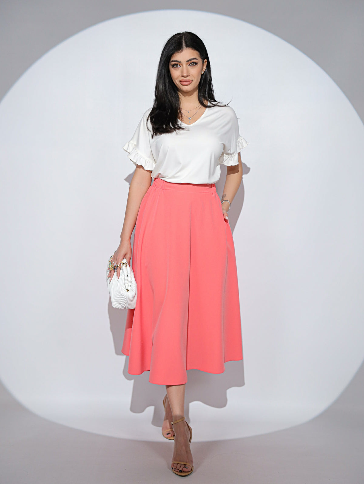 Fusta Alizée Coral cu croi clos, buzunare si elastic pe talie