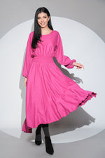 Rochia Rosalinda fuchsia din jerseu gros cu viscoza, croi lejer si asimetric