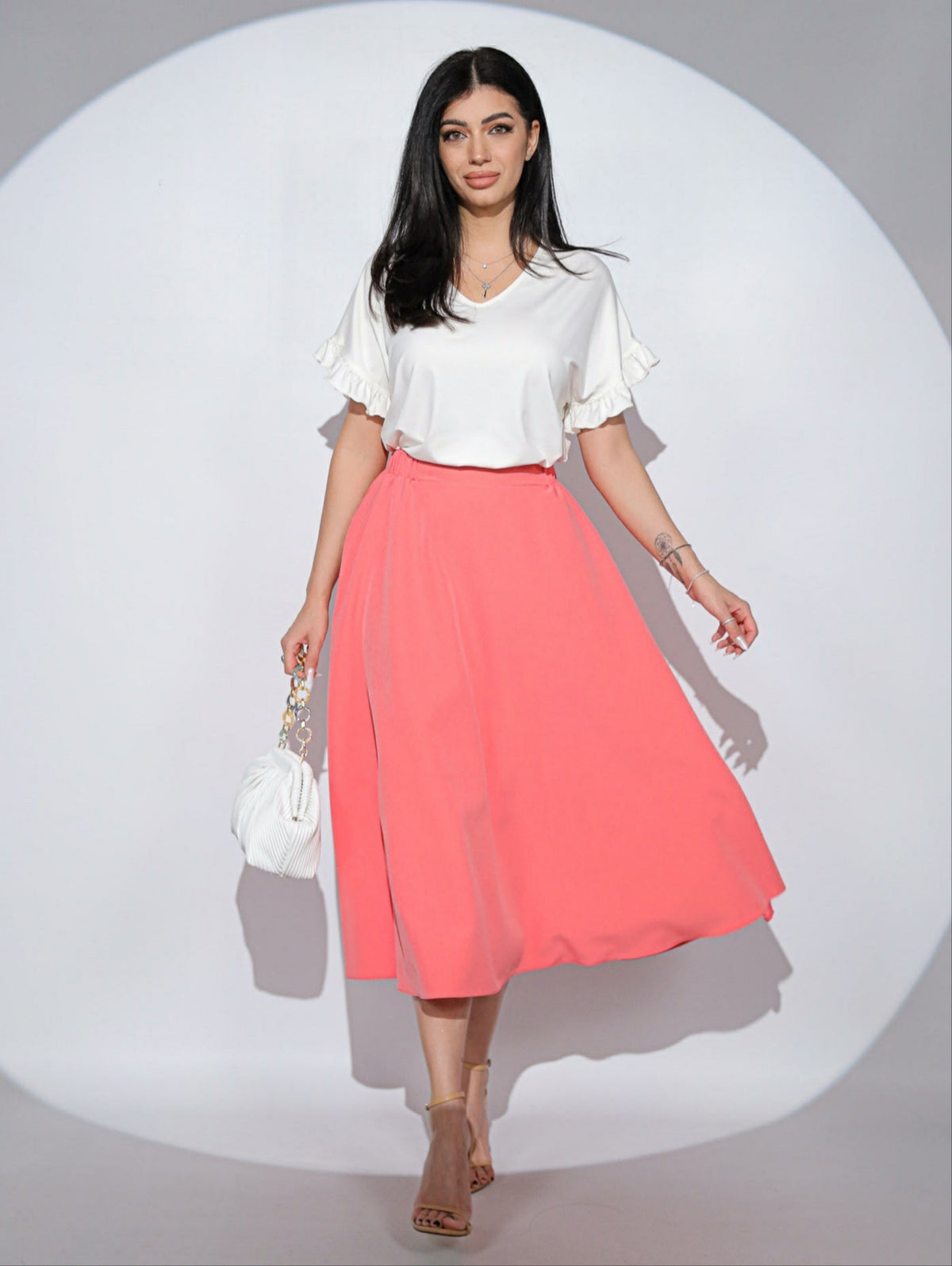 Fusta Alizée Coral cu croi clos, buzunare si elastic pe talie