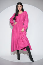 Rochia Rosalinda fuchsia din jerseu gros cu viscoza, croi lejer si asimetric