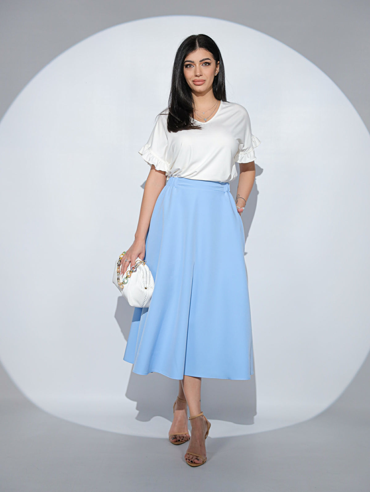 Fusta Alizée Ciel cu croi clos, buzunare si elastic pe talie
