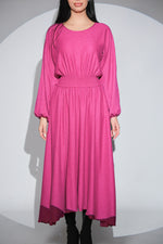 Rochia Rosalinda fuchsia din jerseu gros cu viscoza, croi lejer si asimetric