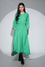 Rochia Rosalinda verde din jerseu gros cu viscoza, croi lejer si asimetric