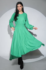 Rochia Rosalinda verde din jerseu gros cu viscoza, croi lejer si asimetric