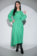 Rochia Rosalinda verde din jerseu gros cu viscoza, croi lejer si asimetric