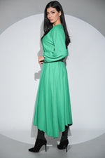 Rochia Rosalinda verde din jerseu gros cu viscoza, croi lejer si asimetric