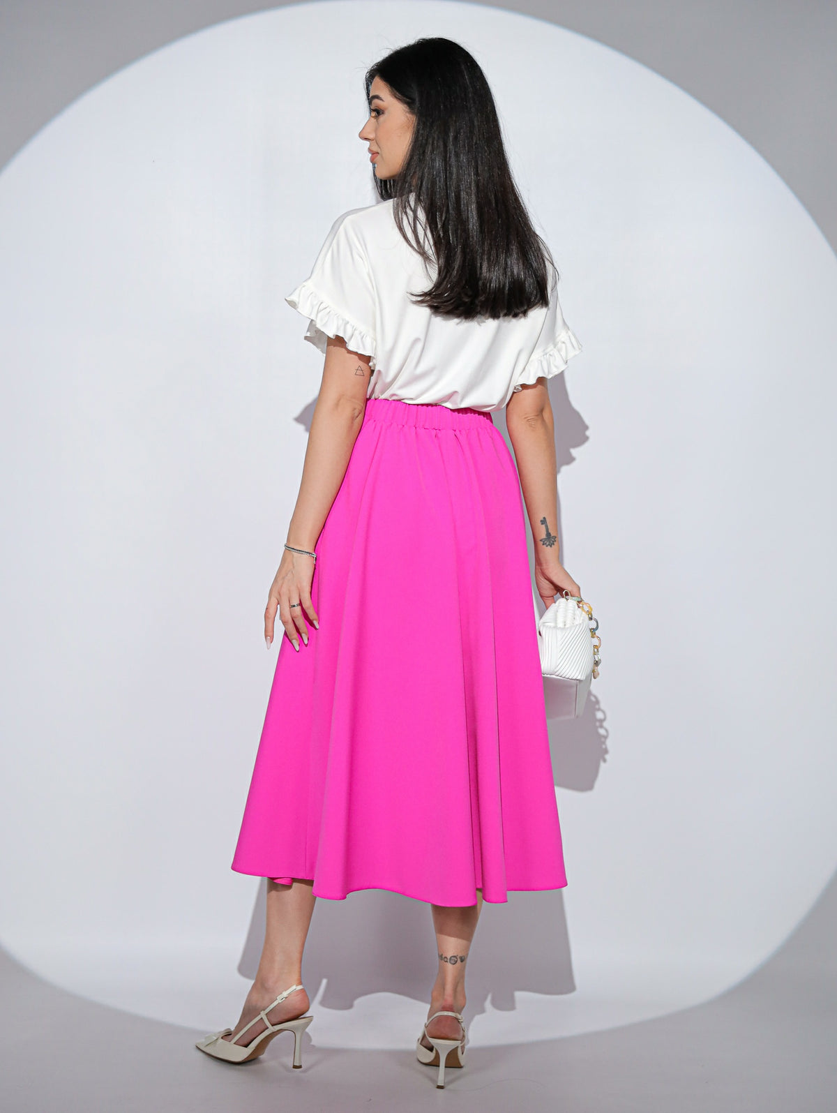 Fusta Alizée Fuchsia cu croi clos, buzunare si elastic pe talie