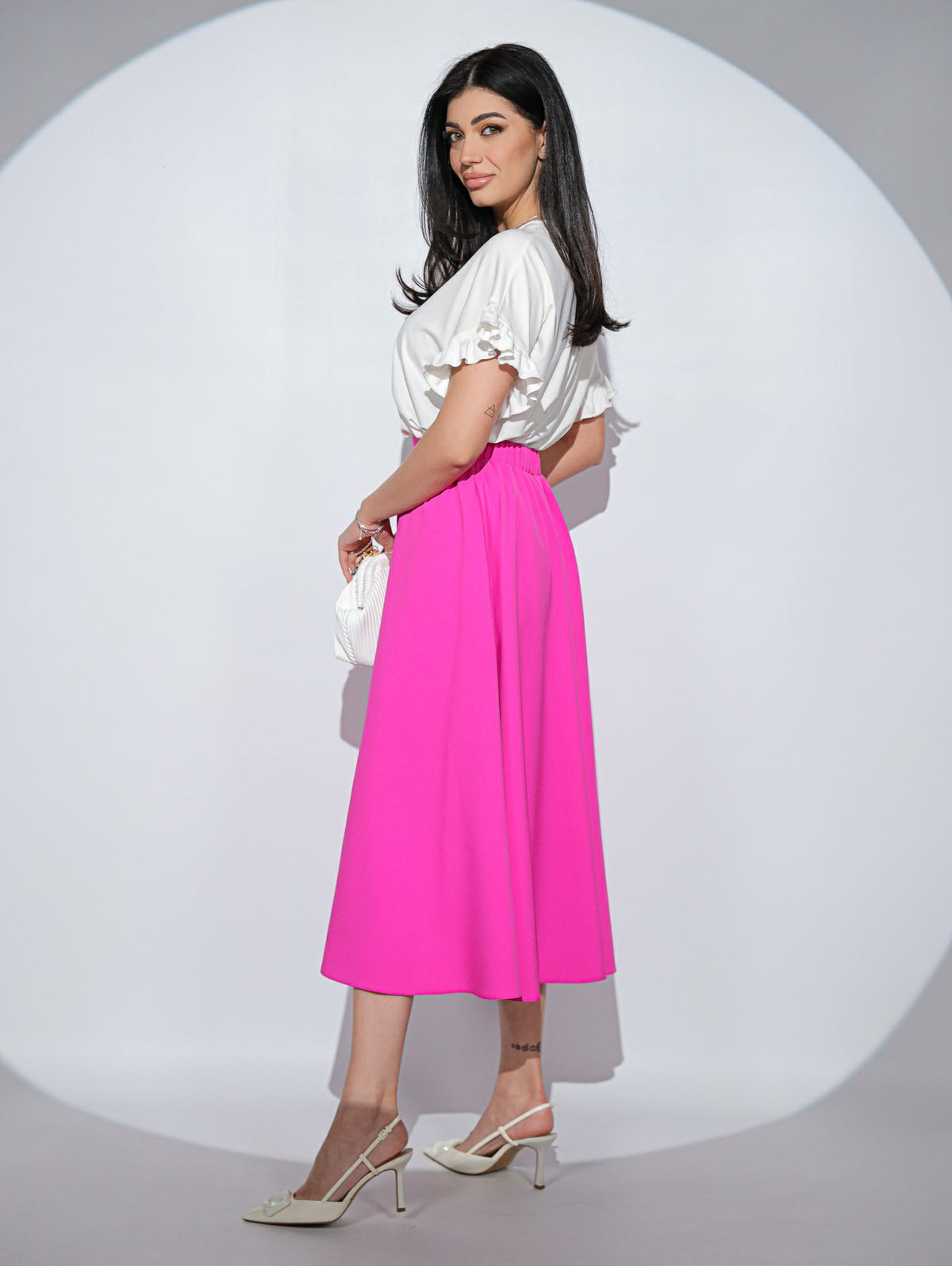 Fusta Alizée Fuchsia cu croi clos, buzunare si elastic pe talie