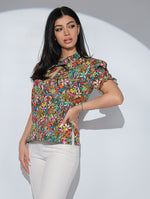 Bluza Florette din in cu imprimeu exotic, cu volan si snur la decolteu