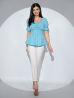 Bluza Dorothy din bumbac cu imprimeu vichy bleu, cu decolteu patrat si talia marcata cu elastic