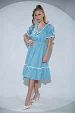 Rochia Grace din bumbac cu imprimeu vichy alb-bleu cu guler si detalii din dantela