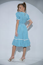 Rochia Grace din bumbac cu imprimeu vichy alb-bleu cu guler si detalii din dantela