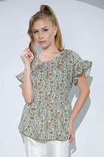 Bluza Elise din bumbac cu imprimeu floral, volane si snur de legat in talie