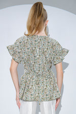 Bluza Elise din bumbac cu imprimeu floral, volane si snur de legat in talie