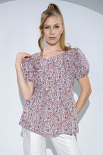 Bluza Anouk din bumbac cu imprimeu floral, volane si elastic la spate