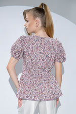 Bluza Anouk din bumbac cu imprimeu floral, volane si elastic la spate