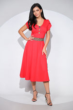 Rochia Amira din jerseu cu bumbac si elastan, cu cordon animal print si nasturi aurii