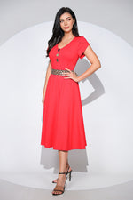 Rochia Amira din jerseu cu bumbac si elastan, cu cordon animal print si nasturi aurii