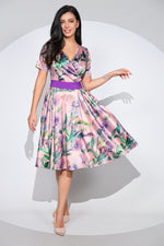 Rochia Roselle din bumbac satinat cu imprimeu pictural si cordon mov