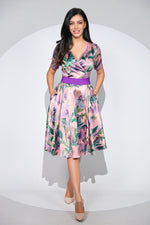 Rochia Roselle din bumbac satinat cu imprimeu pictural si cordon mov