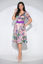 Rochia Roselle din bumbac satinat cu imprimeu pictural si cordon mov