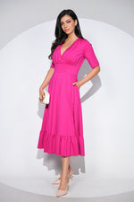 Rochia Althea fuchsia din jerseu de bumbac, croi feminin cu volan si buzunare