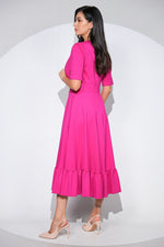 Rochia Althea fuchsia din jerseu de bumbac, croi feminin cu volan si buzunare