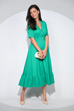 Rochia Althea verde din jerseu de bumbac, croi feminin cu volan si buzunare