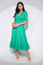 Rochia Althea verde din jerseu de bumbac, croi feminin cu volan si buzunare