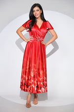 Rochia Scarlet din tafta fină cu reflexe satinate, croi petrecut și imprimeu floral degrade