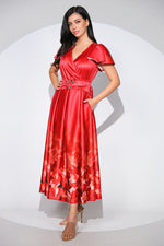 Rochia Scarlet din tafta fină cu reflexe satinate, croi petrecut și imprimeu floral degrade