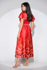 Rochia Scarlet din tafta fină cu reflexe satinate, croi petrecut și imprimeu floral degrade