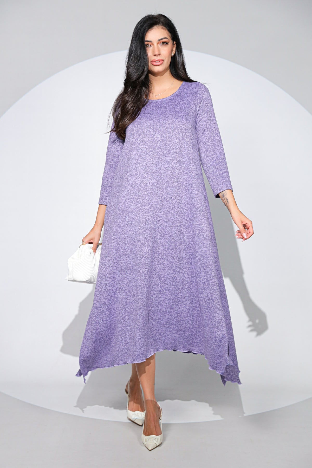 Rochia Venice lila din jerseu cu lana, croi lejer si asimetric
