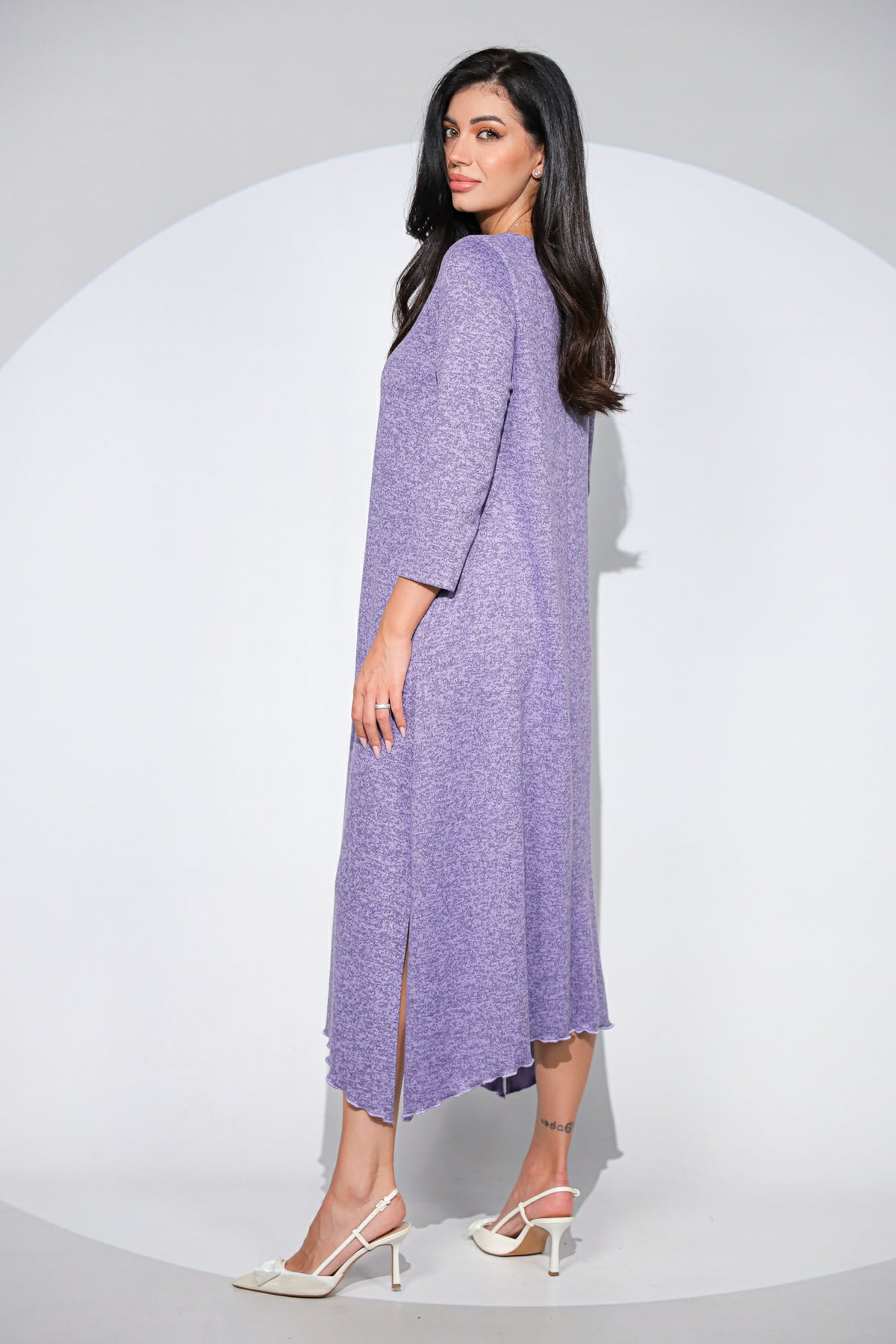 Rochia Venice lila din jerseu cu lana, croi lejer si asimetric
