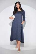 Rochia Venice bleumarin din jerseu cu lana, croi lejer si asimetric