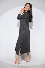 Rochia Venice neagra din jerseu cu lana, croi lejer si asimetric