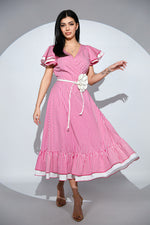 Rochia Kalimera din bumbac cu imprimeu vichy alb-roz si volane dublate