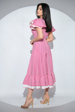 Rochia Kalimera din bumbac cu imprimeu vichy alb-roz si volane dublate