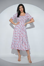 Rochia Lilibelle din bumbac alb cu imprimeu floral, decolteu patrat si volan