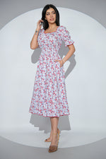 Rochia Lilibelle din bumbac alb cu imprimeu floral, decolteu patrat si volan