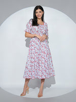 Rochia Lilibelle din bumbac alb cu imprimeu floral, decolteu patrat si volan