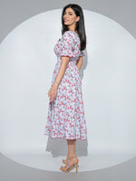 Rochia Lilibelle din bumbac alb cu imprimeu floral, decolteu patrat si volan