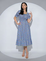 Rochia Lilibelle albastra, din bumbac imprimat cu fluturi, decolteu patrat si volan