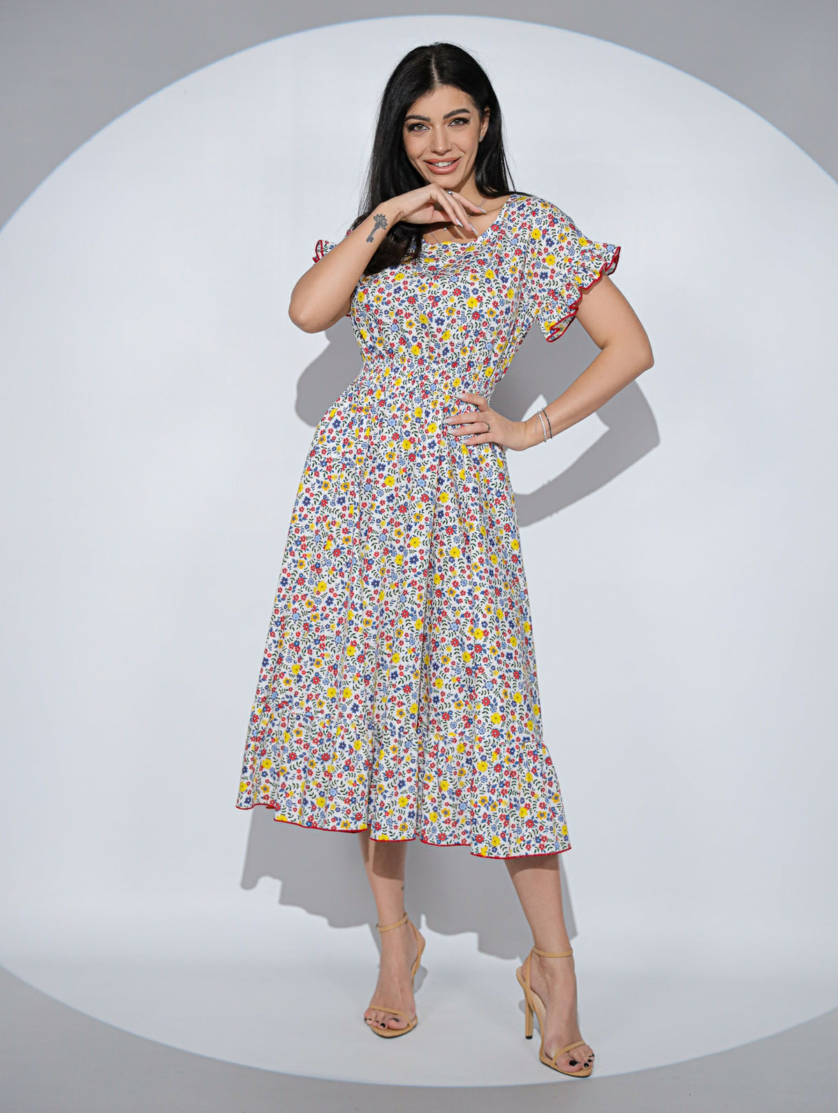 Rochia Primavera din bumbac cu imprimeu floral, buzunare si volane