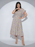 Rochia Primavera din bumbac cu imprimeu floral, buzunare si volane