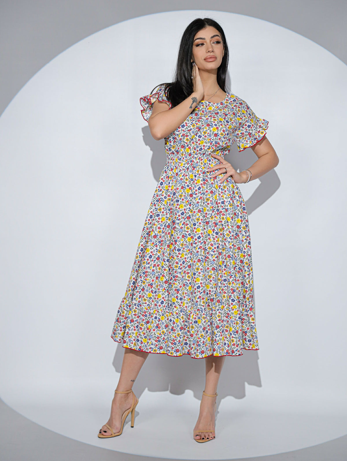 Rochia Primavera din bumbac cu imprimeu floral, buzunare si volane