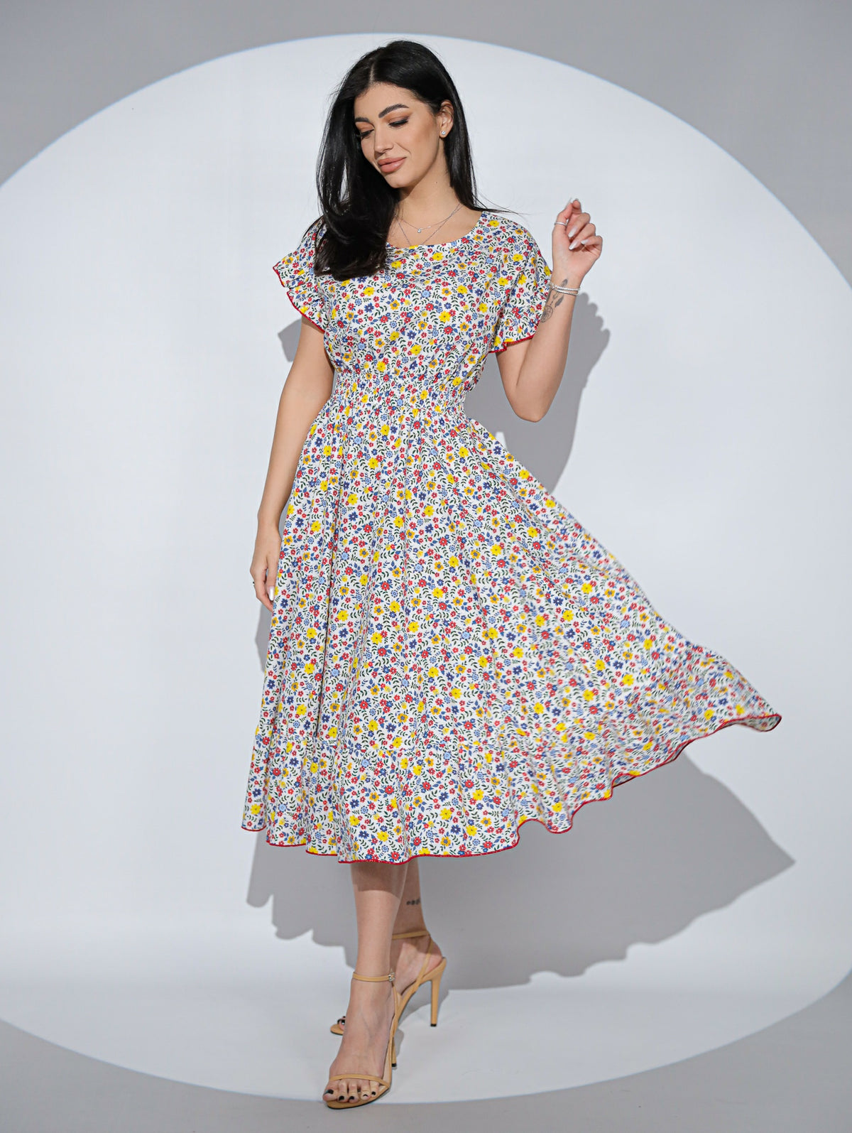 Rochia Primavera din bumbac cu imprimeu floral, buzunare si volane