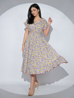 Rochia Primavera din bumbac cu imprimeu floral, buzunare si volane