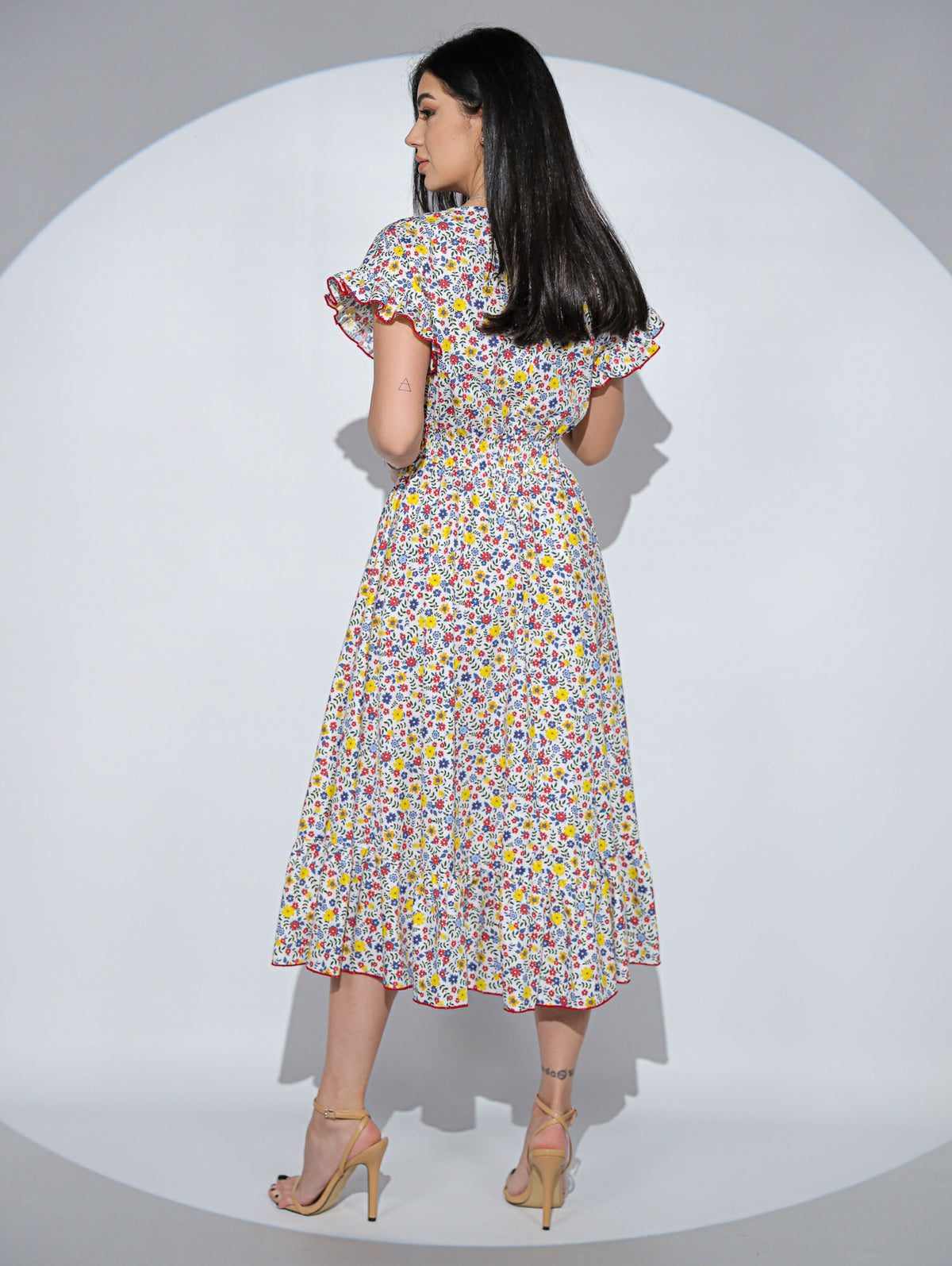 Rochia Primavera din bumbac cu imprimeu floral, buzunare si volane